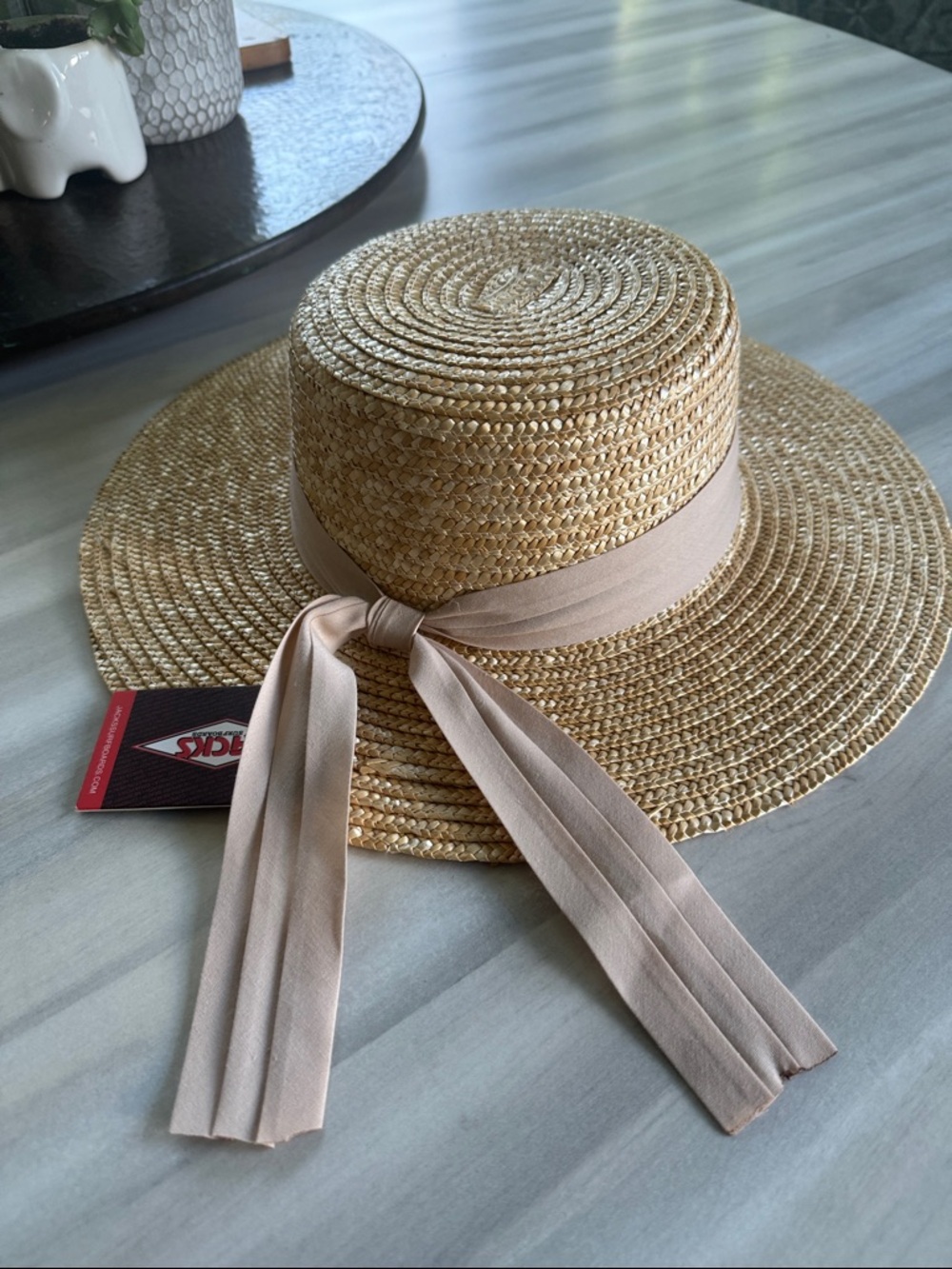 Natural Straw Boater Hat with Blush Ribbon